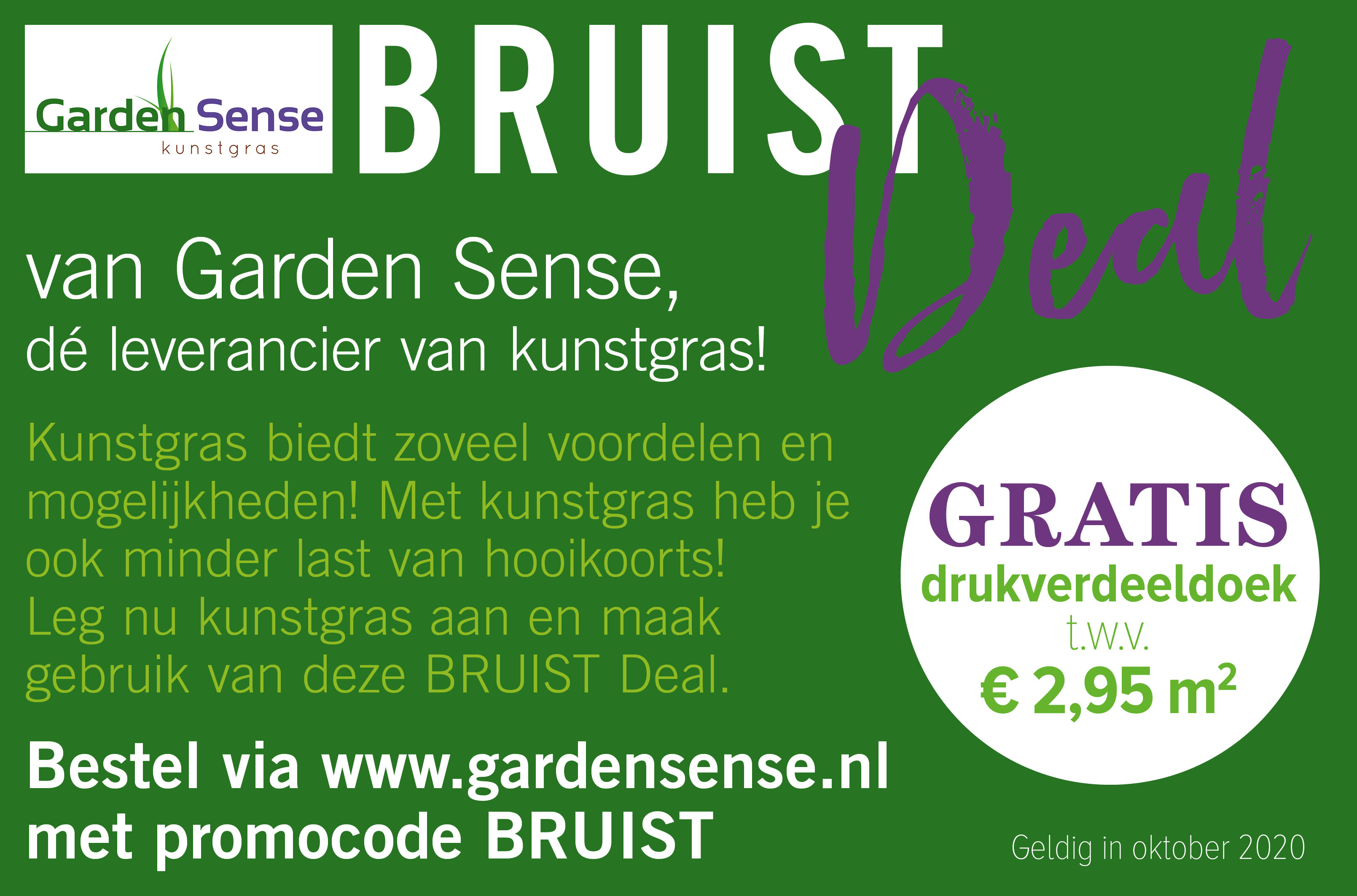 Bestel nu kunstgras bij Garden Sense met deze Bruist Deal en ontvang GRATIS drukverdeeldoek t.w.v. € 2,95 m2